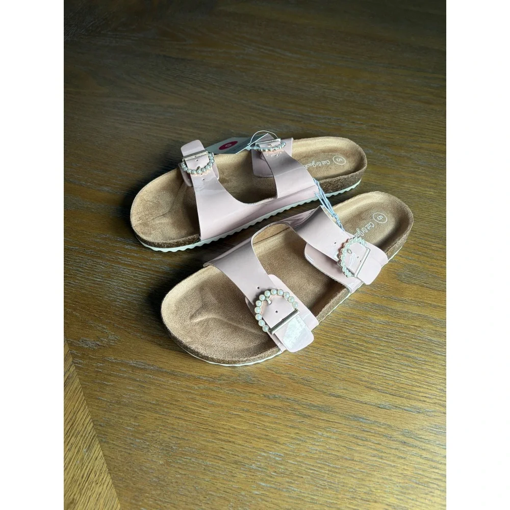 Cat & Jack Drew Pink Patent Pearl Buckle Slide Sandals Kids Size 5 NWT